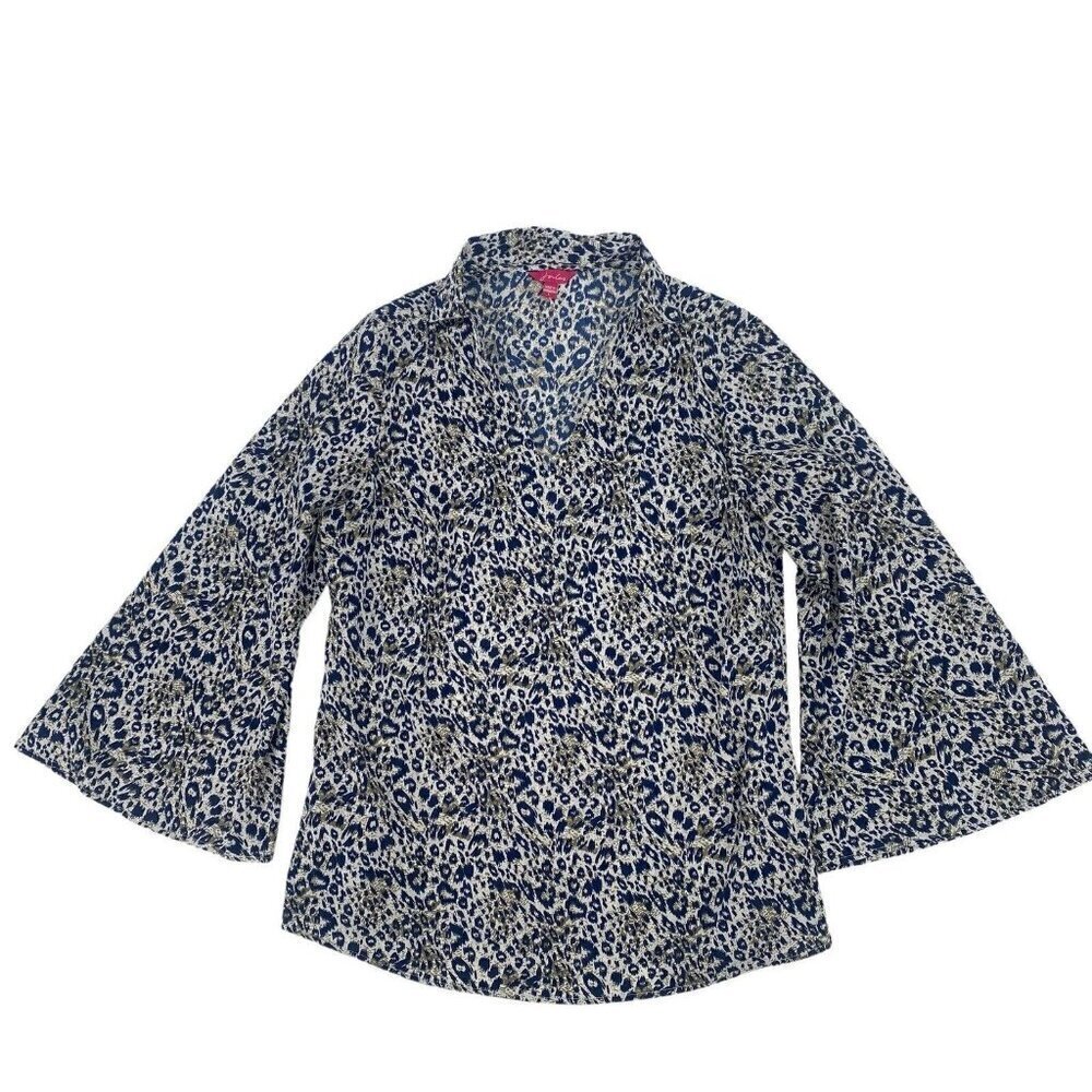 Joules Size Large V-Neck Blouse Blue & White Leopard Animal Print Flare Sleeves